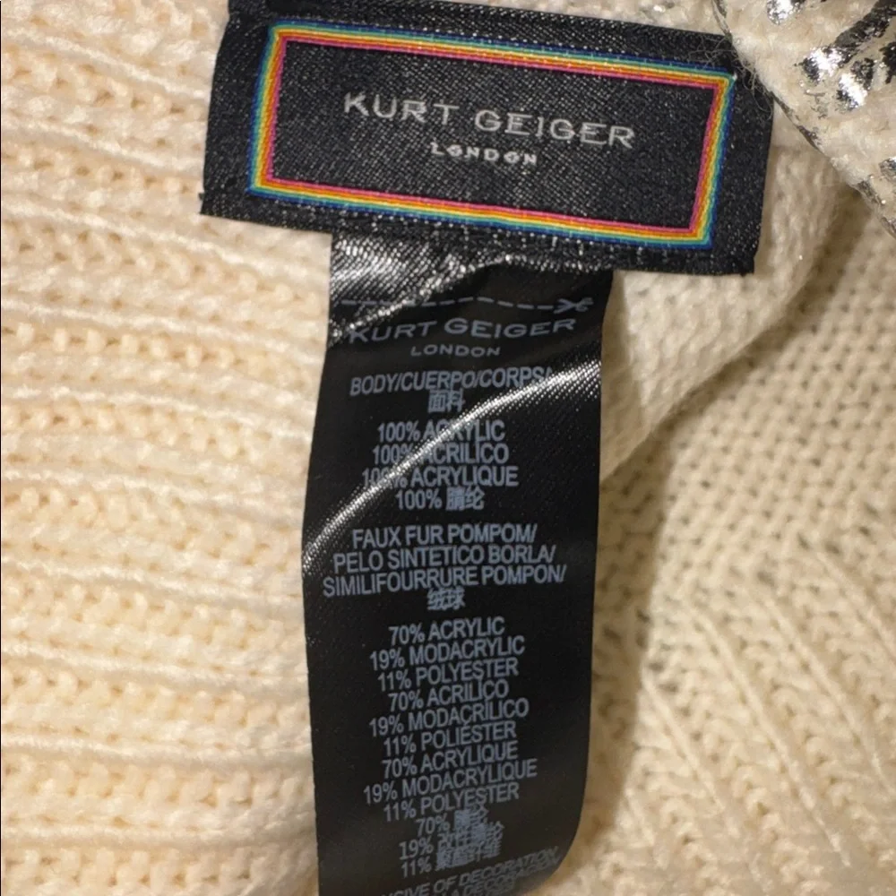 NWT Kurt Geiger London Metallic Rib Pom Beanie Cream & Silver Logo Patch Cuff
